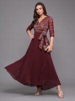 Miss Chase Women's Lavender & Wine V-Neck Cap Sleeves Floral Lace Fit & Flare Maxi Dress